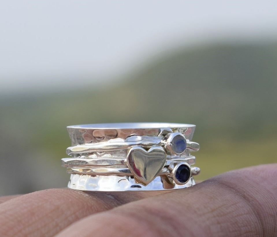 WorryRing® - Moonstone & Amethyst Sterling Silver Spinner Ring, Anti Anxiety Ring, Spinning Ring, Spinner Ring